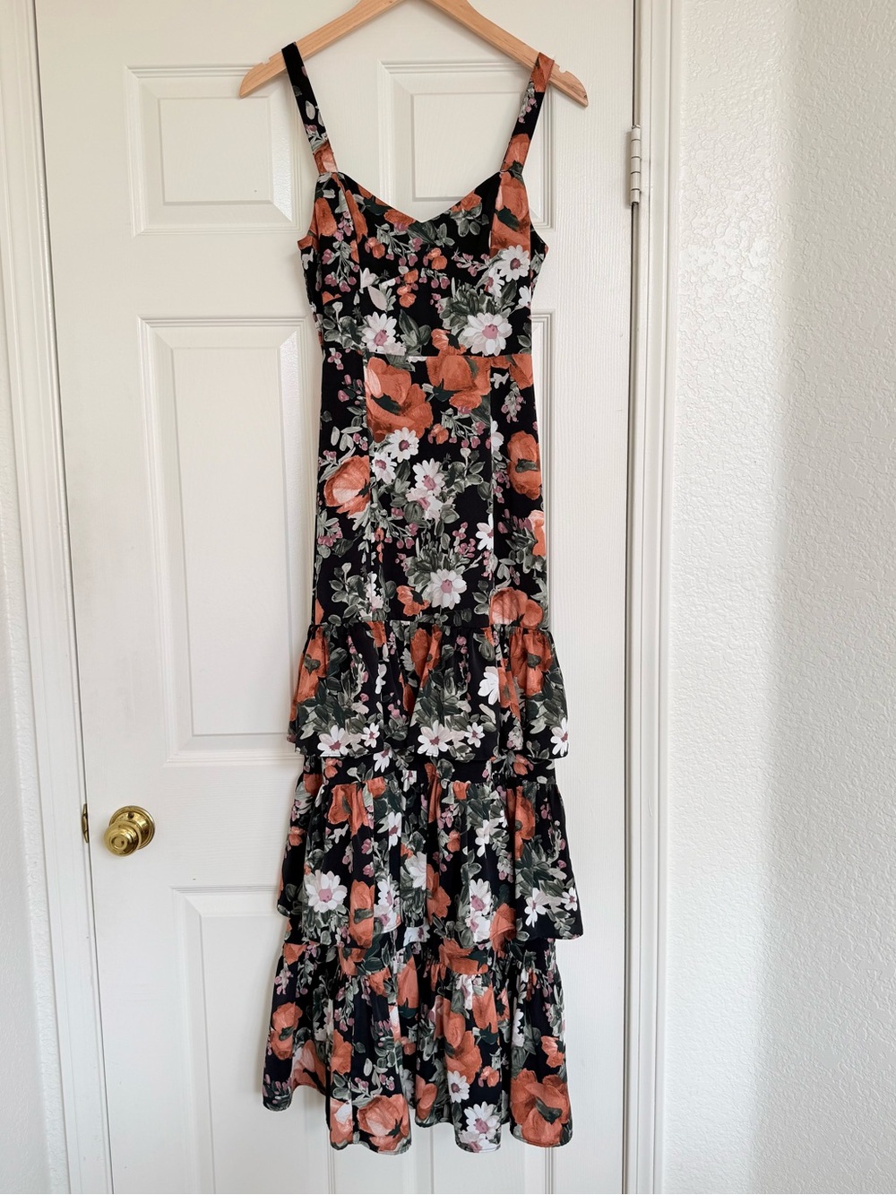Abercrombie & Fitch Floral Tiered Ruffle Maxi Dress Black Pink Green Orange XS - Picture 3 of 10